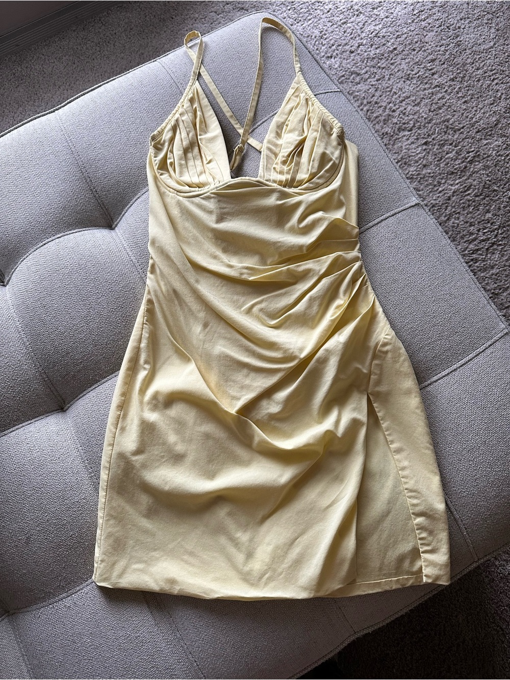 Light Yellow Mini Slip Dress with Ruched Front and Crisscross Straps